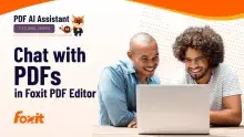 A person sitting at a table with a laptop open in front of them, engaged in conversation with another individual. The background features a gradient of orange and white with dotted patterns. The text 'PDF AI Assistant' and 'TUTORIAL SERIES' is at the top, while 'Chat with PDFs in Foxit PDF Editor' is prominently displayed in large, bold letters. The Foxit logo is located in the bottom left corner.