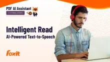 A person wearing red headphones is sitting at a desk, focused on a laptop. The image prominently features the text 'Intelligent Read' and 'AI-Powered Text-to-Speech.' The branding for 'Foxit' is displayed in the bottom left corner, accompanied by graphics representing a PDF AI Assistant tutorial series. The background consists of soft colors with subtle patterns, creating an engaging visual.