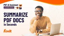 A person in a brown sweater and earbuds sits at a desk, thoughtfully gazing at a laptop. The background is bright orange with dotted patterns, featuring the text "PDF AI Assistant Tutorial Series" and "SUMMARIZE PDF DOCS in Seconds," along with the Foxit logo.