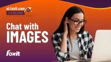 An individual sitting at a table, engaged with a laptop, wearing a black and white checkered shirt over a light t-shirt. The background transitions from orange to purple, featuring the text 'Chat with IMAGES' prominently displayed in white. The top left corner shows the website logo and the title 'Tutorial Series' from ai.foxit.com.