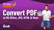 A man wearing a white t-shirt and blue jeans leaps in the air while holding a laptop in his right hand. The background is a vibrant purple with a gradient of orange dots at the bottom. Text overlays include "PDF Editor+ TUTORIAL SERIES" at the top and "Convert PDF to MS Office, JPG, HTML & More" prominently displayed in white. The Foxit logo is visible in the lower left corner.