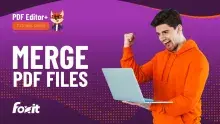 An excited person in an orange hoodie holding a laptop, raising their fist in celebration. The image features the text 'MERGE PDF FILES', along with 'PDF Editor+' and 'TUTORIAL SERIES', indicating it is related to a tutorial on merging PDF files using PDF editing software. The background is vibrant with purple and orange gradients.