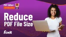 A person with curly hair holds a laptop in one hand and a smartphone in the other, wearing a white t-shirt. The background features a vibrant purple gradient with the text "Reduce PDF File Size" prominently displayed. The image is part of a tutorial series by Foxit, as indicated by the logo and header.