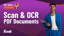A promotional image for a PDF tutorial series titled "Scan & OCR PDF Documents." It features a person wearing a blue blazer holding a laptop, set against a bright purple background with a gradient and dotted pattern. The Foxit logo is displayed in the bottom left corner, along with the header "PDF Editor+ Tutorial Series.