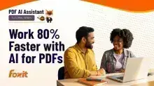 Foxit “PDF AI Assistant” tutorial series graphic with the headline “Work 80% Faster with AI for PDFs,” showing two coworkers talking at a desk with an open laptop, notebooks, and pens, plus the Foxit logo.