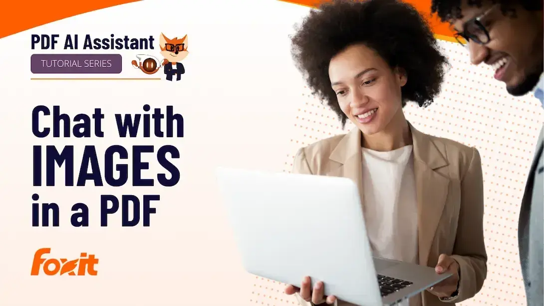 A person holding a laptop, wearing a light-colored blazer over a white top, positioned in front of a gradient background that transitions from orange to white with dotted patterns. The text 'PDF AI Assistant' and 'TUTORIAL SERIES' is displayed at the top, while the phrase 'Chat with IMAGES in a PDF' is prominently featured in bold black letters. The Foxit logo is located at the bottom left corner.