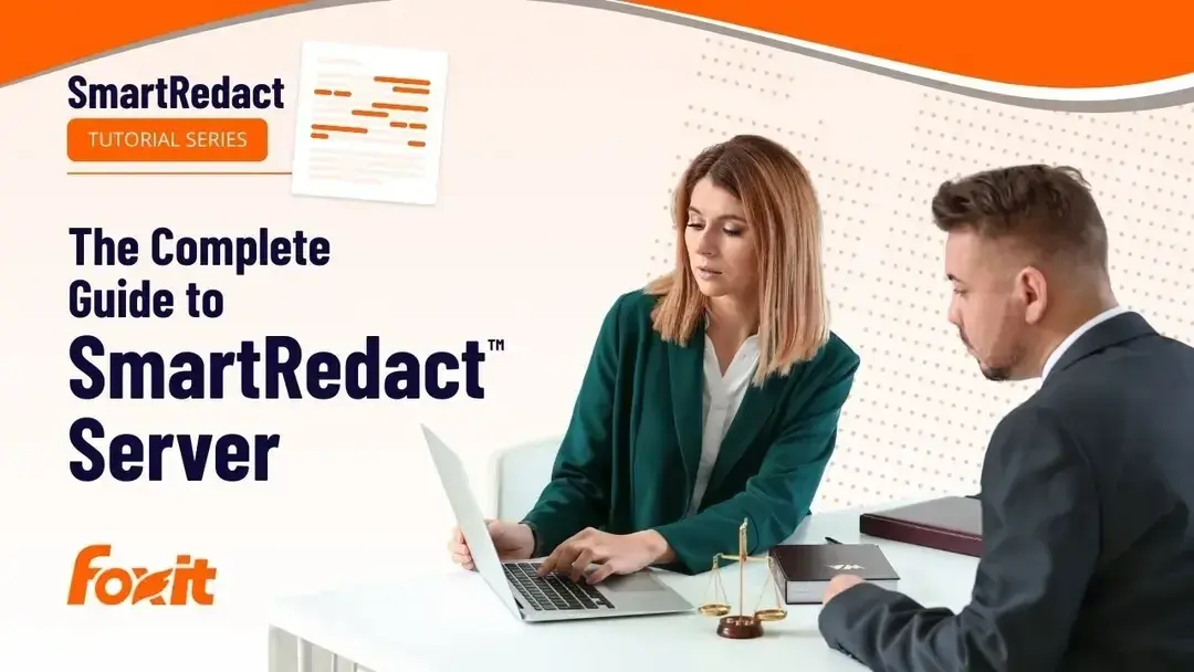 A professional setting featuring two individuals engaged in a discussion at a table with an open laptop. The scene includes a gavel and law books, indicating a legal context. The background displays the text 'SmartRedact Tutorial Series' and 'The Complete Guide to SmartRedact™ Server,' along with the Foxit logo.