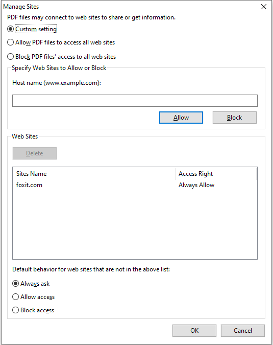Manage Sites Dialog Box