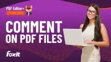 A woman holding a laptop displaying a tutorial on commenting on PDF files, set against a vibrant purple background with a dotted design. The text reads 'COMMENT ON PDF FILES,' accompanied by the Foxit logo and 'PDF Editor+ TUTORIAL SERIES,' highlighting the educational theme.