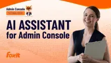 An individual holding a laptop stands against a softly colored background with orange and light peach gradients and a dotted design. The image features the text "AI ASSISTANT for Admin Console" in bold navy letters, along with the "Foxit" logo at the bottom left. The top left corner displays the title "Admin Console TUTORIAL SERIES" in a smaller font.