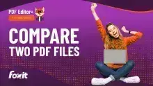 A person sitting cross-legged on the floor, wearing a bright orange sweater and blue jeans, raises their arms in triumph while looking at a laptop. The background has a vibrant purple gradient with white and orange dotted patterns. The text "PDF Editor+ TUTORIAL SERIES" is at the top, with "COMPARE TWO PDF FILES" in prominent white font. The Foxit logo is in the bottom left corner.
