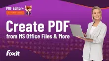 A woman in a light gray blazer holds a laptop, standing in front of a vibrant purple background. The image includes the text "Create PDF from MS Office Files & More," the Foxit logo, and the title "PDF Editor+ TUTORIAL SERIES." The lower part of the design features a gradient of orange dots.