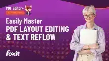 A person wearing a light purple shirt is holding a white laptop close to their chest. The background features a vibrant purple design with the text "Easily Master PDF Layout Editing & Text Reflow" prominently displayed, along with the Foxit logo and the "PDF Editor+ Tutorial Series" label.