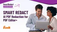 Two people sitting together looking at a laptop while using PDF editing software. In the background, the "SmartRedact" logo and the slogan "AI PDF Redaction for PDF Editor+" along with the "Foxit" logo are visible.
