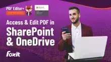 Foxit PDF Editor+ Tutorial Series banner with Microsoft Solutions Partner Azure Certified Software badge and headline text ‘Access & Edit PDF in SharePoint & OneDrive,’ featuring a person in a suit using a smartphone and laptop on a purple and orange gradient background with the Foxit logo.