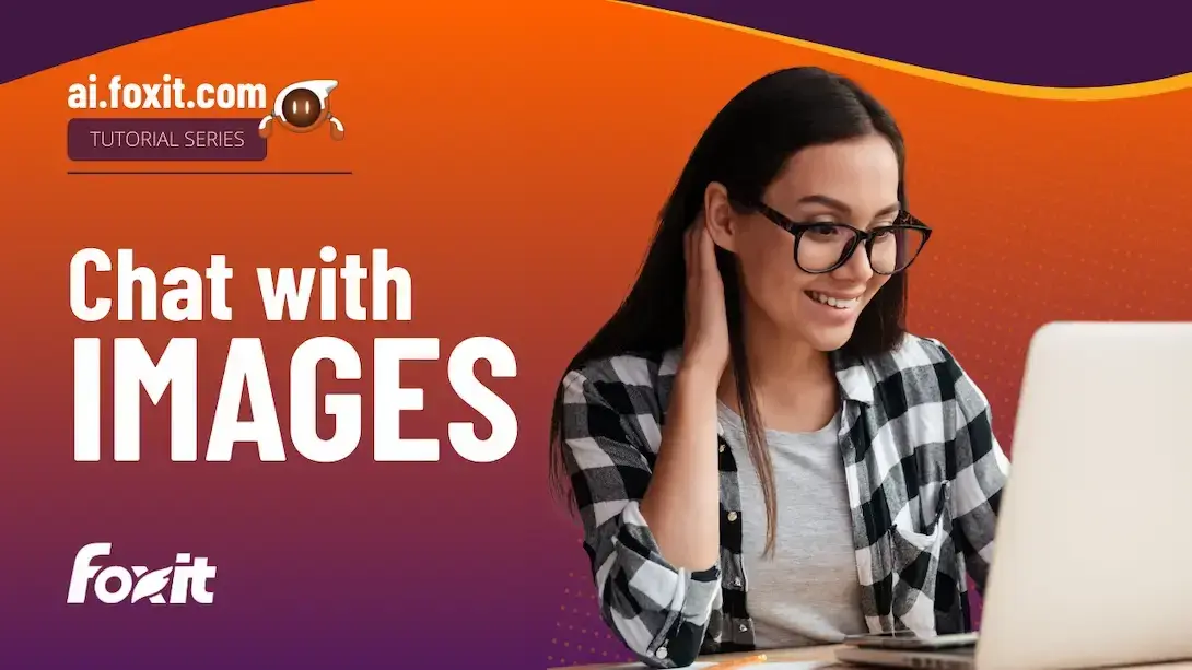 An individual sitting at a table, engaged with a laptop, wearing a black and white checkered shirt over a light t-shirt. The background transitions from orange to purple, featuring the text 'Chat with IMAGES' prominently displayed in white. The top left corner shows the website logo and the title 'Tutorial Series' from ai.foxit.com.