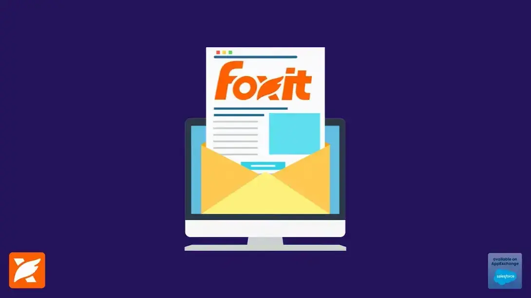 Illustration of a computer screen with an open envelope displaying a Foxit-branded document, on a dark blue background with the Foxit logo and a Salesforce AppExchange badge, representing document generation and eSign with Foxit for Salesforce.